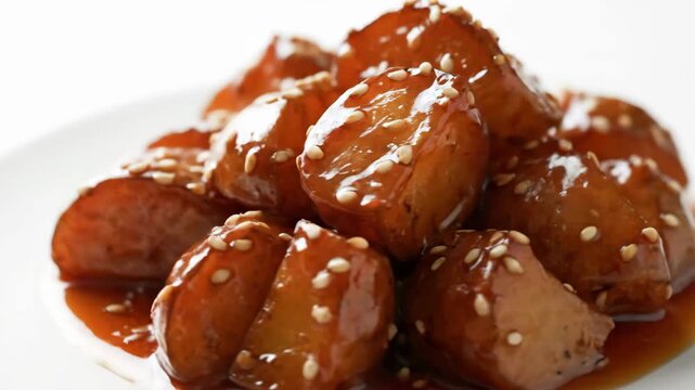 Close-up of Glossy Caramelized Sweet Potatoes (Daigaku Imo) Coated in Sticky Syrup and Topped with White Sesame Seeds, Traditional Japanese Dessert served on a White Plate