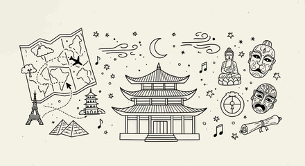 World travel doodle illustration showcasing landmarks and cultural icons for tourism theme © fardo