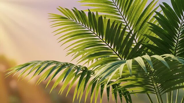 Green palm tree leaves closeup tropical.
