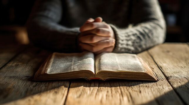 Hands clasped together in prayer over an open Holy bibble resting on a wooden table