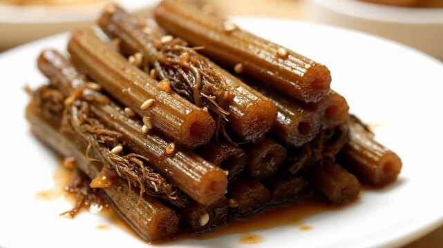 Close-up of Glossy Korean Braised Burdock Root (Ueong Jorim) served on a white plate, seasoned with soy sauce, garlic, and sesame seeds. Traditional Asian side dish.