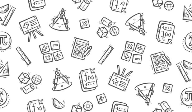 Math doodle background. Mathematics objects pattern background. Math education seamless pattern. Mathematical equation hand drawn seamless pattern with pi, drawing compass, rulers, and shapes.