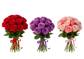 Collection of Red Purple and Pink Rose Bouquets Isolated on White or Transparent Background