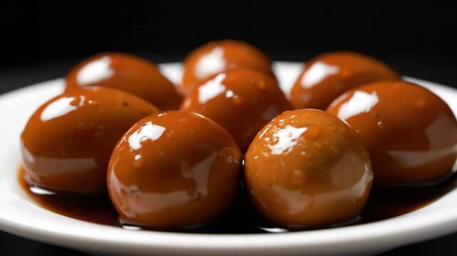 Close-up of glossy, savory Soy Sauce Braised Eggs (Lu Dan) served on a white plate, highlighting the rich brown color and delicious marinade.