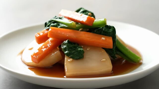 Close-up of traditional Japanese Nimono simmered vegetables dish featuring glossy carrots, green leafy vegetables, and daikon or taro root in savory dashi broth on a white plate