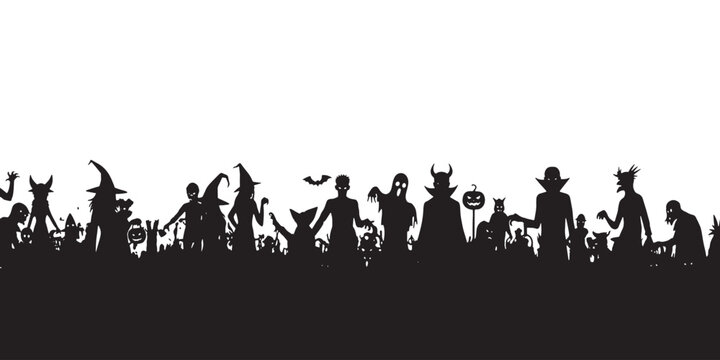 A spooky silhouette of various Halloween monsters and characters gathered together on a dark landscape.