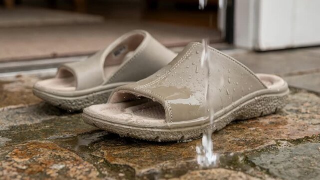 Closeup medium shot of waterresistant hybrid slippers with sleek uppers highlighting their versatility for damp outdoor chores and relaxed indoor wear.