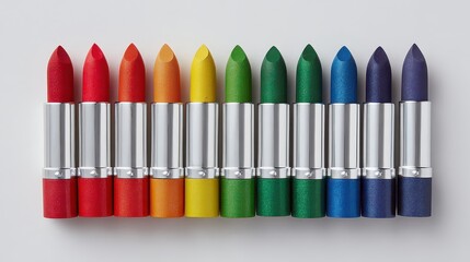 Naklejka premium Row of Glittering Lipsticks in Rainbow Colors on White Background with Silver Cases and Sharp Focus for Beauty Concept