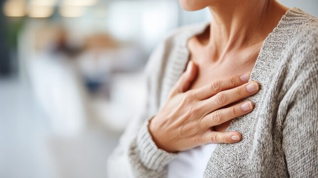 Mature elderly woman feeling heart pain, touching chest with both hands. Thankful senior lady expressing gratitude, love, trust, thanking god, making grateful honor kindness gesture. Close up.