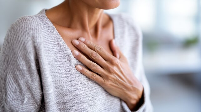 Mature elderly woman feeling heart pain, touching chest with both hands. Thankful senior lady expressing gratitude, love, trust, thanking god, making grateful honor kindness gesture. Close up.