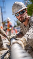 Fototapeta premium Electricians Installing EV Charging Station Pulling Cables With Motion Blur On Modern Parking Site