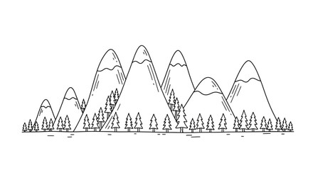 Detailed black and white outline drawing of mountains and coniferous trees landscape illustration © fardo