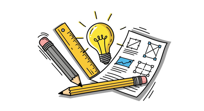 Creative process illustration showcasing brainstorming idea generation and architectural design