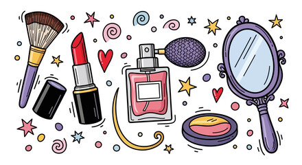 Charming hand-drawn illustration of beauty and makeup accessories for a playful and colorful design © fardo