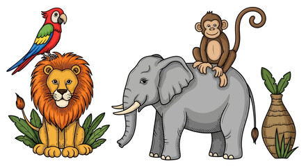Illustrative depiction of animals in a charming scene featuring a lion, elephant, monkey and parrot © fardo