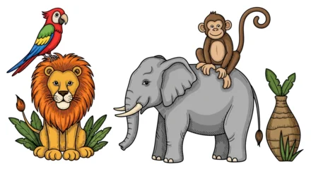 Fotobehang Zoo Illustrative depiction of animals in a charming scene featuring a lion, elephant, monkey and parrot  © fardo