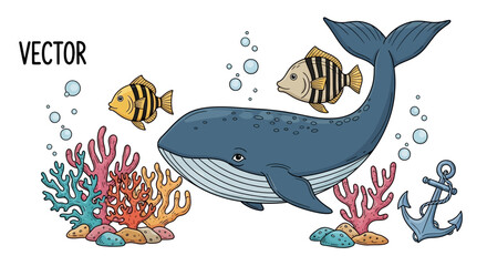 Whimsical Undersea Vector Illustration of Whale, Fish, Coral, and Anchor with Bubble Accents © fardo