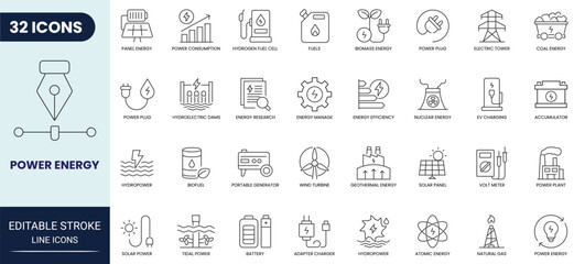 Power energy line icon set. Includes battery, solar panel, natural gas and more. Editable stroke. Vector illustration. © Gretta