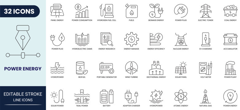 Power energy line icon set. Includes battery, solar panel, natural gas and more. Editable stroke. Vector illustration.