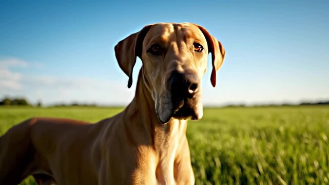 Majestic Great Dane Dog Standing in Green Grass Field Under Blue Sky: Noble Purebred Pet in Sunny Nature Landscape