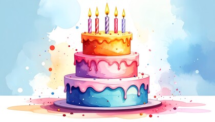 Colorful tiered cake with glowing candles and scattered confetti