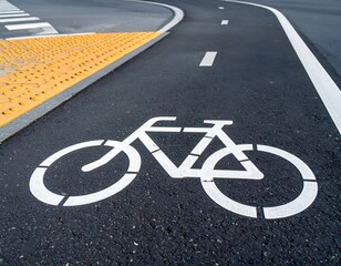 White bicycle symbol on asphalt bike lane with yellow tactile paving