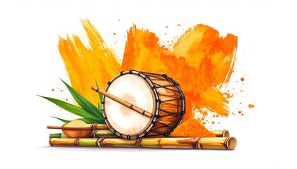 Drum, bamboo, vibrant orange powder, festive art