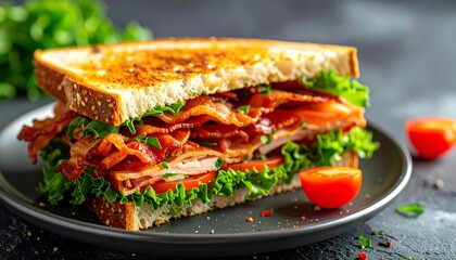 Toasted sandwich loaded with crispy bacon, fresh lettuce, and tomatoes