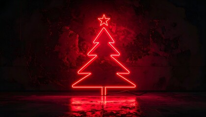 Red neon Christmas tree against textured wall, casting glow