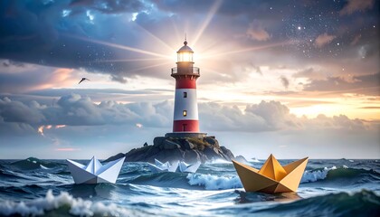 Radiant lighthouse guides paper boats through stormy, sunlit seas