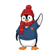 Adorable penguin wearing warm winter clothes waving enthusiastically