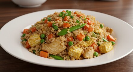 Delicious chicken fried rice dish featuring colorful fresh vegetables and fluffy grains