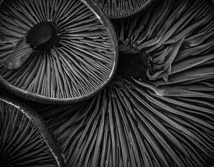 Close-up abstract of mushroom gills in monochrome detail