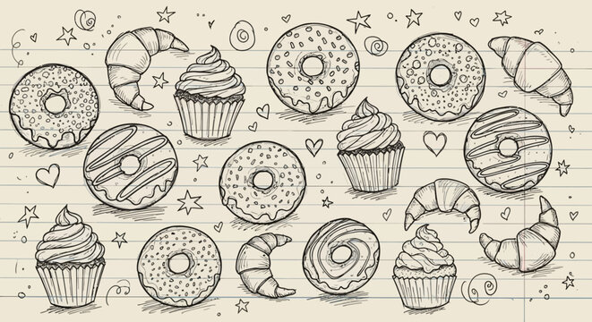 Hand-Drawn Sketch Style Pattern Featuring Cupcakes Donuts and Croissants on Lined Paper