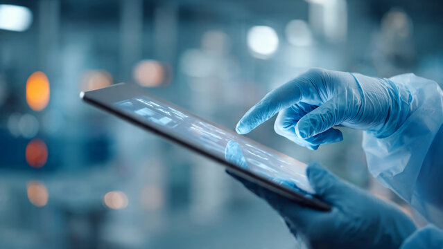 Doctor&rsquo;s hands only interacting with a digital medical tablet, clean gloved hands touching the screen