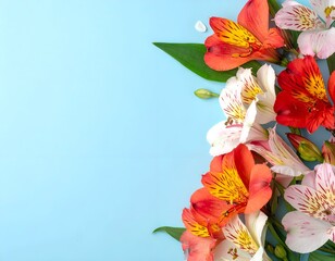 Vibrant floral arrangement of multi-colored lilies on a soft blue background