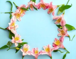 Pink floral wreath with green leaves on blue background