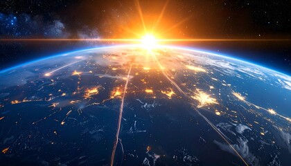 Sunrise over Earth, cities glow, cosmic lines connect