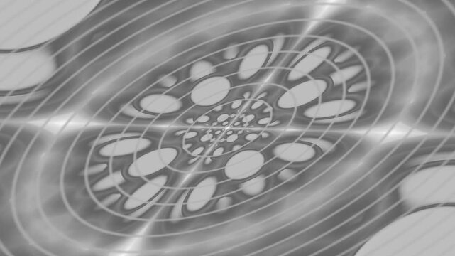 Abstract grayscale pattern with concentric ellipses and circles creating a dynamic, tunnel-like visual effect.