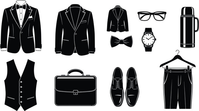 Elegant black silhouette vector collection of formal mens wedding attire featuring tuxedo suit blazer waistcoat leather shoes and briefcase.