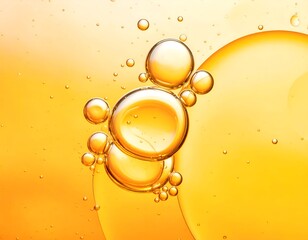 Golden liquid spheres float and cluster in warm, luminous fluid