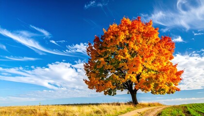 Vibrant autumn tree on a dirt path under a blue sky