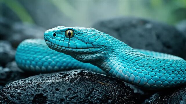 Blue Insularis Pit Viper (Trimeresurus Insularis) on Dark Volcanic Rocks