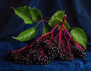 Dark berries on red stems with green leaves, deep blue background