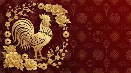Fototapeta premium Happy Chinese New Year banner, featuring elegant rooster silhouette, ornate flowers, and festive decorative elements on red background. Panoramic banner with place for text