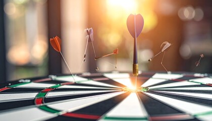 A dartboard with one dart in the bullseye, others missed