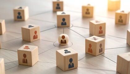 Wooden blocks with figures connect people in a network