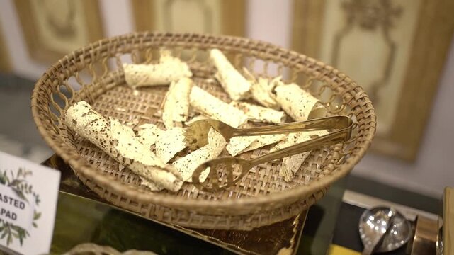 Roasted papad served in a jute tray in a wedding in India