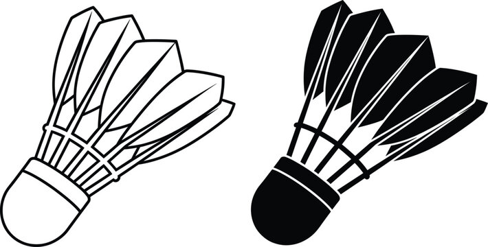 Professional badminton shuttlecock vector illustration set featuring outline and black silhouette icons for sports equipment and tournament design.