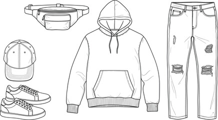 Modern casual streetwear vector set featuring a classic hoodie distressed ripped denim jeans fanny pack baseball cap and sneakers. © MdRezaul